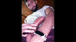 Intense masturbation with spit before bed I Stroke my big uncut latino cock until I shoot a BIG load