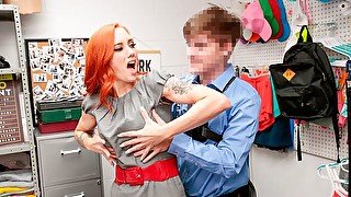 Redhead babe Nova Sky shows her skills in the small office