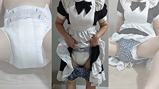 Crossdresser Wearing a Maid Dress and a Thick Diaper and Jerking off 01 メイド 男の娘 洋服 偽娘 おむつ