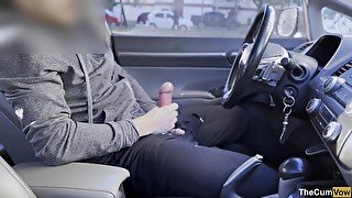 PUBLIC STREET MASTURBATION: Jerking off in the car while people are walking around me - Big Cumshot