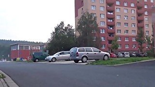 Wandering Brunette Pees In The Parking Lot