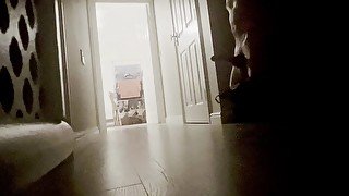 Horny, straight guy, masturbates in corridor as family watch TV. Big cock jerked to cumshot