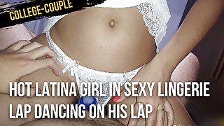 Hot Latina girl in sexy lingerie lap dancing on his lap to make he cum in his underwear