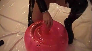 Latex-clad teen 18+ blonde and her dildo