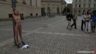 Racy yellow-haired Paris Pink having a real BDSM experience in public place