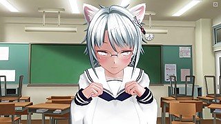 3D HENTAI YURI Neko schoolgirls lick pussies after school