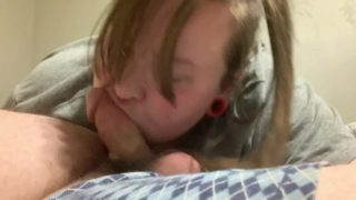 Close Up BBW milf sucking his cock and swallowing his load