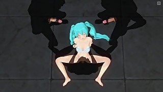 3D HENTAI Guys jerk off to Miku while she gets fucked