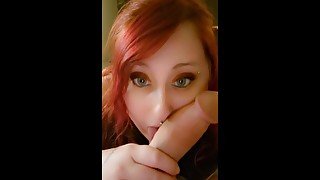 Cute Lil Redhead, tasting the cum from a BWC