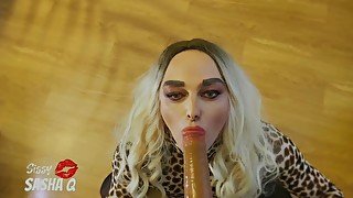 Sissy blonde sucks big dildo and cums without hands