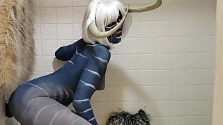 Demon Girl slams pussy on huge black Dildo