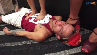 Two girls trample a guy