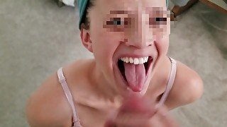 Hot pregnant real milf wife takes big smiling facial on her knees