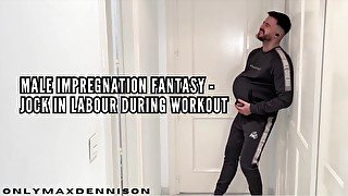 Male impregnation fantasy - Jock in labour during workout