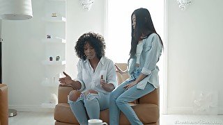 Ebony model Misty Stone and Asian babe Vina Sky have lesbo sex