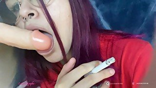 Red head smokes a cigarette and gives a blowjob - smoking fetish - Laura Nynphe