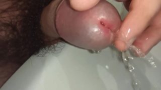 Playing with foreskin and pee. Cock close-up