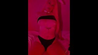 Pink bunny girl stretches her pussy with her big dildo and gives head