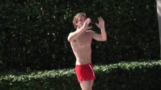 Cum covered jock outdoors gets anally fucked