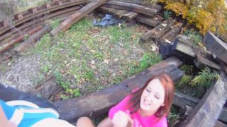 Marvelous redhead teen blows and fucks a long dick outside POV style