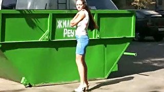 Russian college girl in sexy tight shorts pees in public