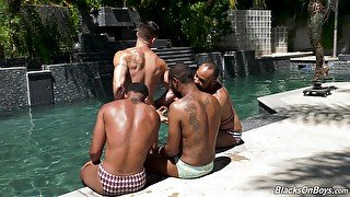 Hardcore interracial gay group fuck with mature dudes at the pool