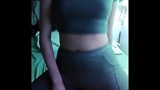 Teen girlfriend teases boyfriend and has full sex while clothed cumming in her leggings