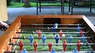 Four T-girls play foosball in lingerie