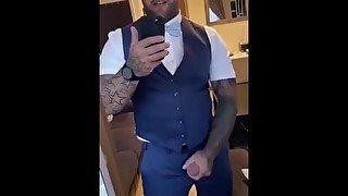 Straight hunk Andy Lee wearing suit, with huge cumshot