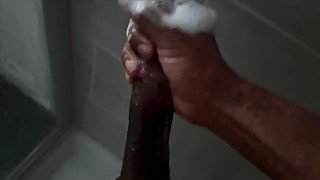 Hot Horny BBC in shower solo stroke. 4K Cinematic pov with freeze frame cumshot asmr