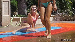 Lesbian outdoor sex by the pool with Tara Ashley and Eliza Jane