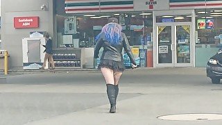 MILF in short mini skirt and fishnets walking in public