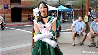 Beautiful girl Melody wears a costume while she walks outdoors