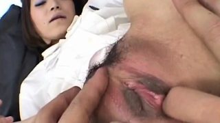 Japanese AV Model gets vibrators on clit and boner on hairy