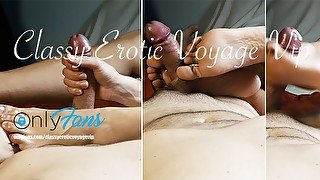 Side Footjob Fingering Asshole and Wet Pussy Handjob on Big Cock and Huge Cum on Feet