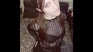 Tgirl vampire strips and plays with dildo