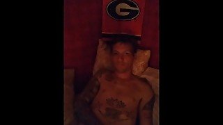 Hot Tattooed guy Jerks off himself  teasing his MILF wife filming him.