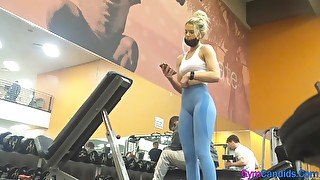 Gym Candid Blonde in Blue Leggings