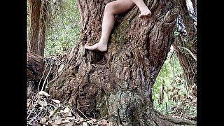 Nu dans la forêt, je pisse sur un gros arbre