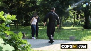 Big cock officers are about to bang hard with a busty European teen.