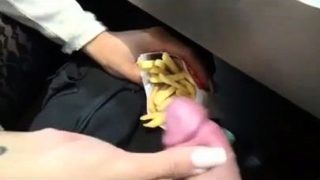 Kinky ho makes BF cum into her fries right at the restaurant