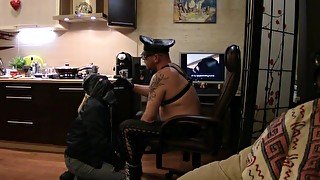 BDSM session with 19 year old slave-skinhead - cigarette, face slapping and licking leather boots