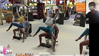 The Sims 4:6 people gym weightlifting machine training sex