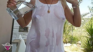 nippleringlover outdoors no panties flashing large gauge pierced nipples wet t-shirt - pierced tits