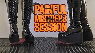 Painful Mistress Session in Heavy Chunky Platform Black CBT Boots - TamyStarly - Bootjob, Shoejob