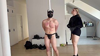 Girl handcuffed boy to pole and spank him with belt as hard as possible