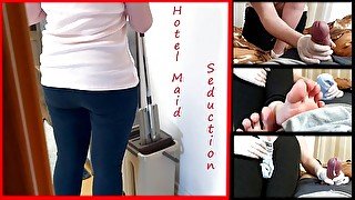 Hotel maid caught me, sniffing feet on face handjob in gloves and cleaning cum with her socks