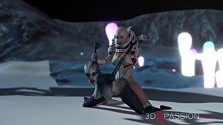 Alien sex. Spacewoman in spacesuit plays with alien on the exoplanet