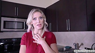 Stepmom Kenzie Taylor begs to deepthroats stepsons huge cock while wearing handcuffs.She likes swallowing his boner and got loaded with a facial jizz.