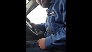 Blue collar worker jerks driving to work